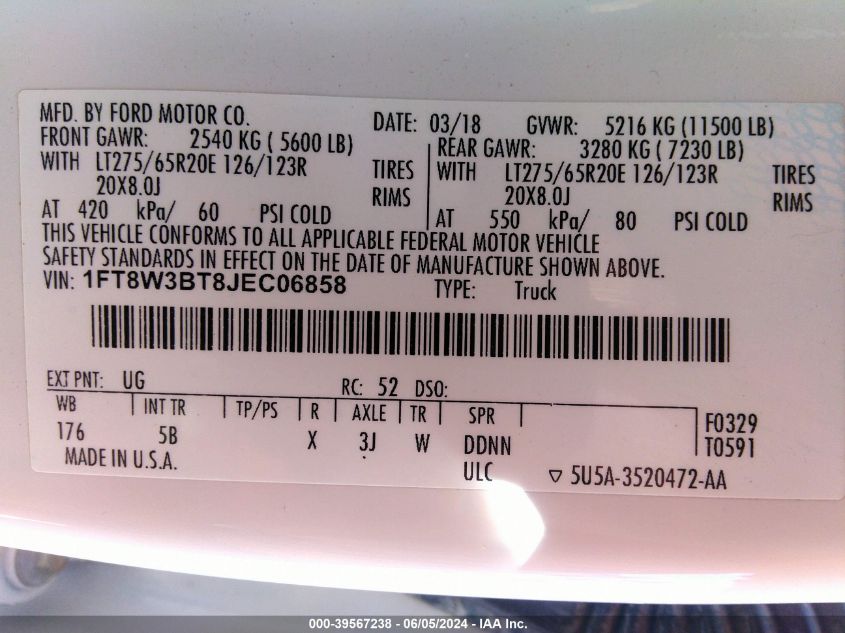 2018 Ford F-350 Lariat VIN: 1FT8W3BT8JEC06858 Lot: 39567238
