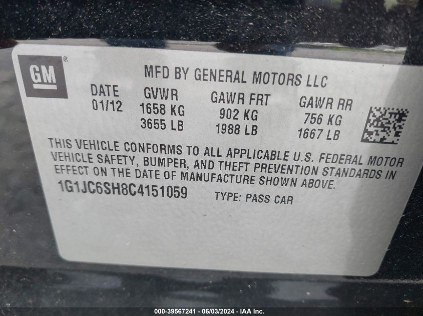 2012 Chevrolet Sonic 2Lt VIN: 1G1JC6SH8C4151059 Lot: 39567241