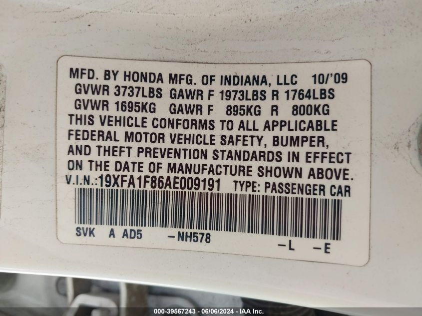 2010 Honda Civic Ex VIN: 19XFA1F86AE009191 Lot: 39567243