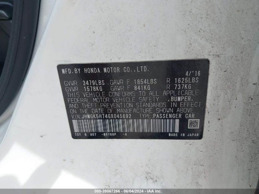 2016 Honda Fit Ex VIN: JHMGK5H74GX045692 Lot: 39567266