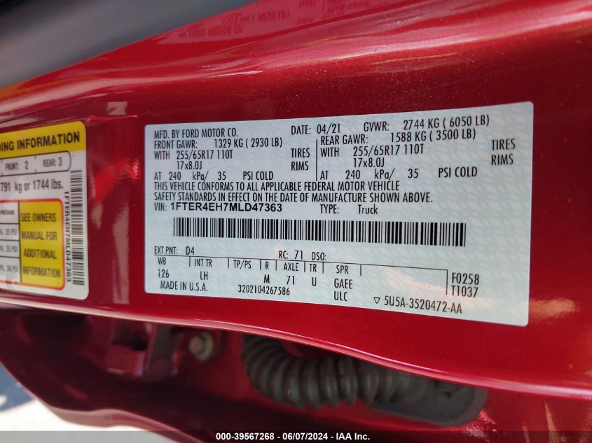 2021 Ford Ranger Xlt VIN: 1FTER4EH7MLD47363 Lot: 39567268