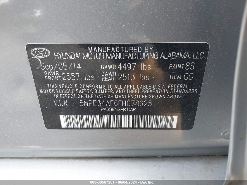 2015 Hyundai Sonata Limited VIN: 5NPE34AF6FH078625 Lot: 39567281