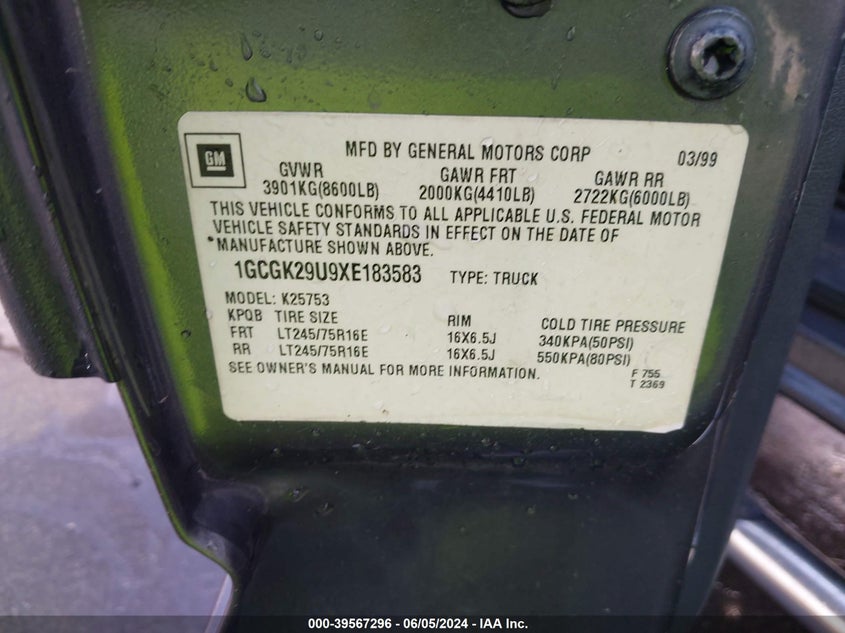 1999 Chevrolet Silverado 2500 Ls VIN: 1GCGK29U9XE183583 Lot: 39567296