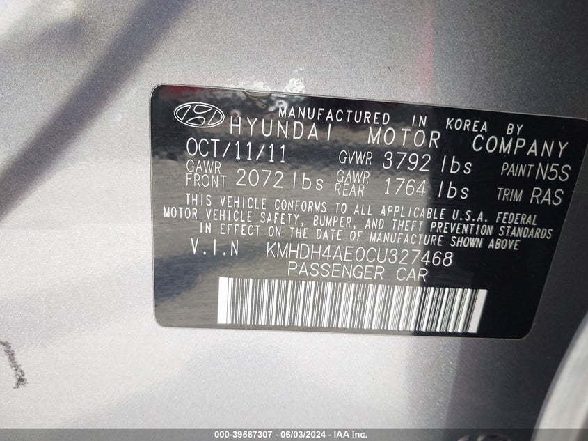 2012 Hyundai Elantra Gls (Ulsan Plant) VIN: KMHDH4AE0CU327468 Lot: 39567307