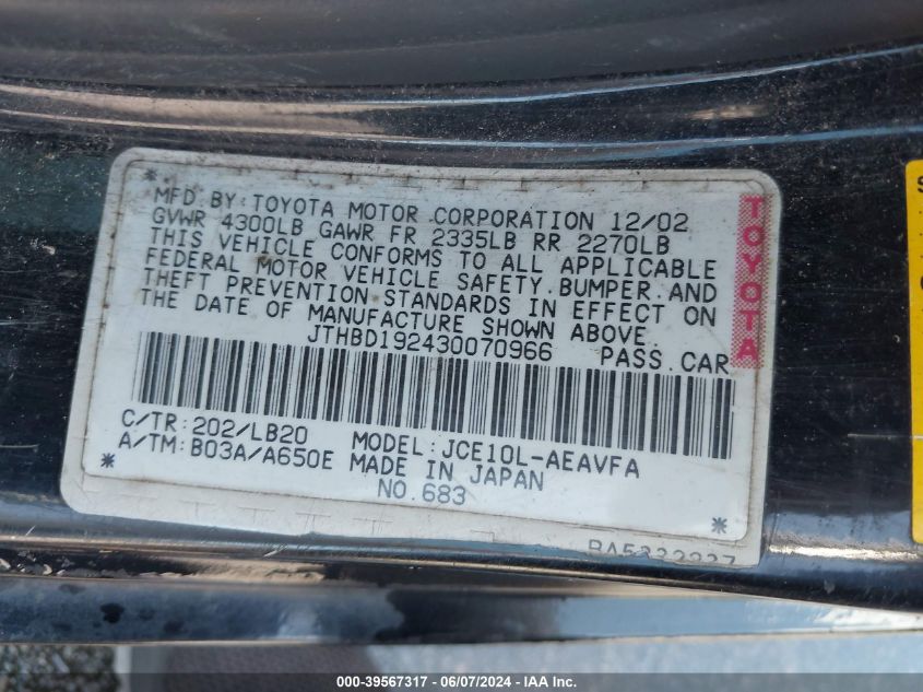 2003 Lexus Is 300 VIN: JTHBD192430070966 Lot: 39567317