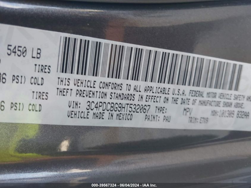 2017 Dodge Journey Sxt VIN: 3C4PDCBG9HT532067 Lot: 39567324