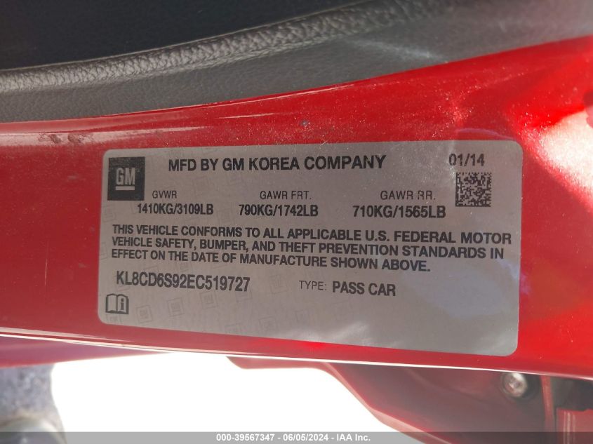 2014 Chevrolet Spark 1Lt Auto VIN: KL8CD6S92EC519727 Lot: 39567347