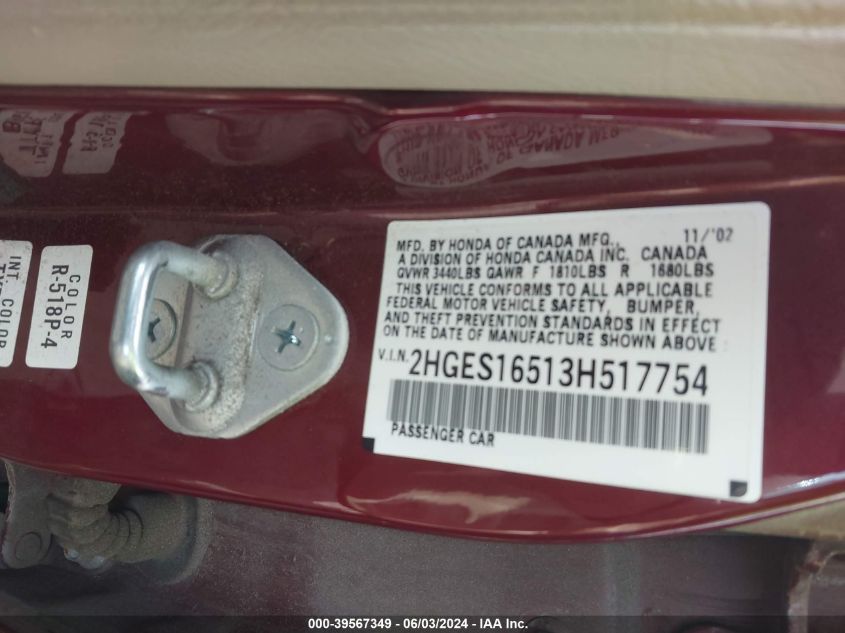 2003 Honda Civic Lx VIN: 2HGES16513H517754 Lot: 39567349