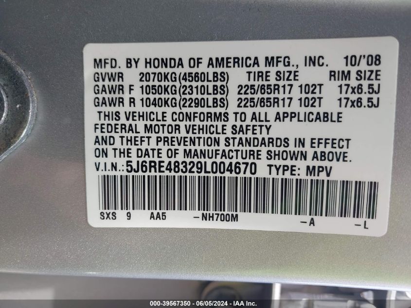 2009 Honda Cr-V Lx VIN: 5J6RE48329L004670 Lot: 39567350