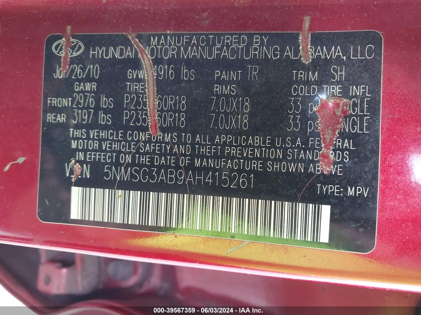 2010 Hyundai Santa Fe Gls VIN: 5NMSG3AB9AH415261 Lot: 39567359