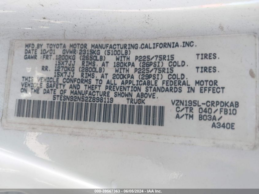 2002 Toyota Tacoma Prerunner V6 VIN: 5TESN92N52Z898119 Lot: 39567363