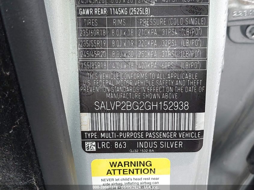 2016 LAND ROVER RANGE ROVER EVOQUE SE/SE PREMIUM - SALVP2BG2GH152938