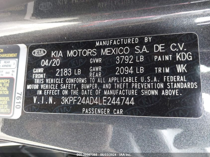 2020 Kia Forte Lxs VIN: 3KPF24AD4LE244744 Lot: 39567385