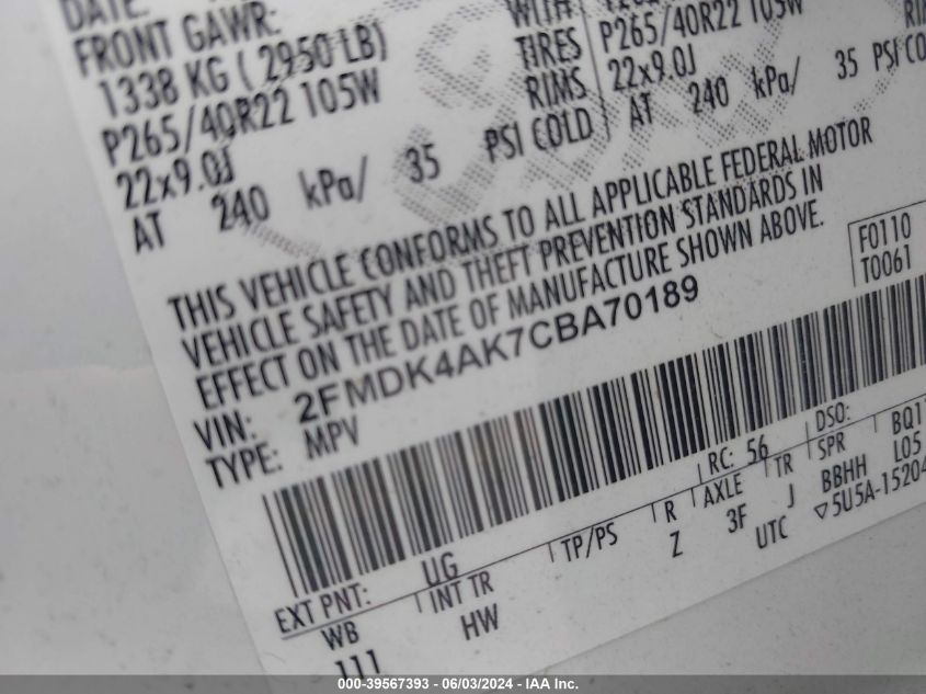 2012 Ford Edge Sport VIN: 2FMDK4AK7CBA70189 Lot: 39567393