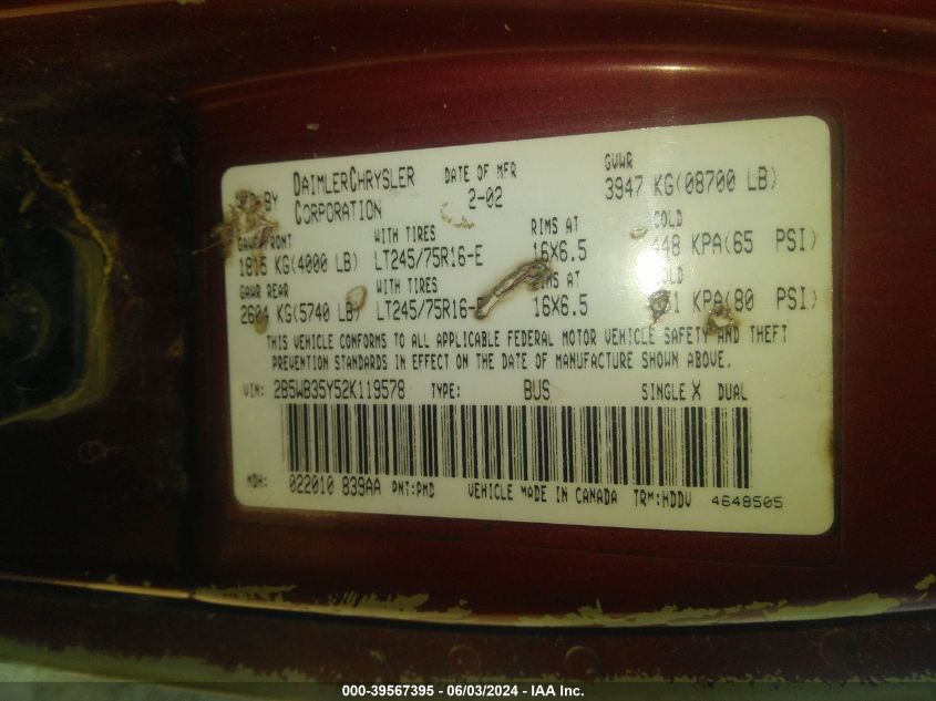 2002 Dodge Ram Wagon VIN: 2B5WB35Y52K119578 Lot: 39567395