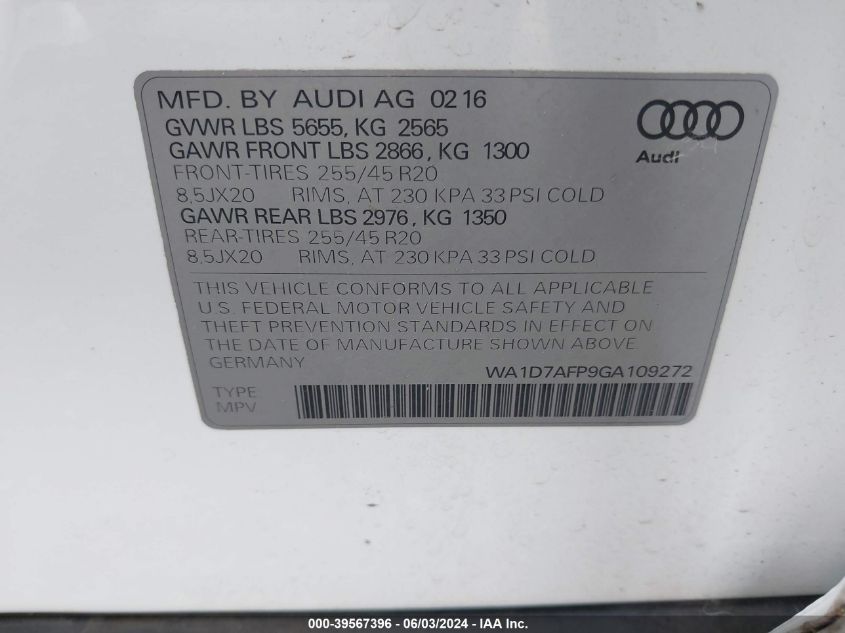 2016 Audi Q5 3.0T Premium Plus VIN: WA1D7AFP9GA109272 Lot: 39567396