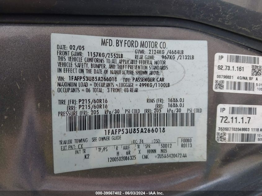 2005 Ford Taurus Se VIN: 1FAFP53U85A266018 Lot: 39567402