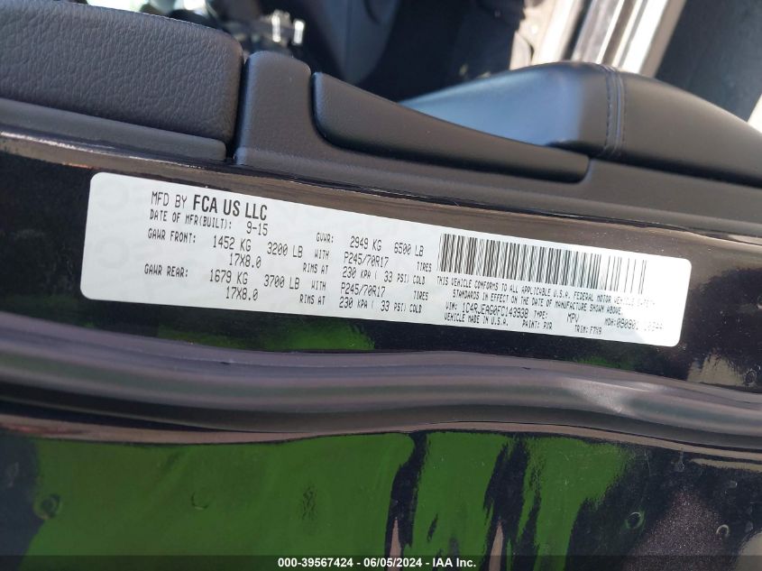 2015 Jeep Grand Cherokee Laredo VIN: 1C4RJEAG0FC143938 Lot: 39567424