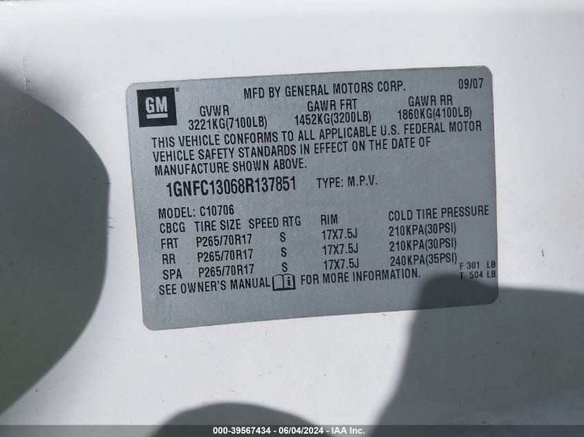 2008 Chevrolet Tahoe Lt VIN: 1GNFC13068R137851 Lot: 39567434