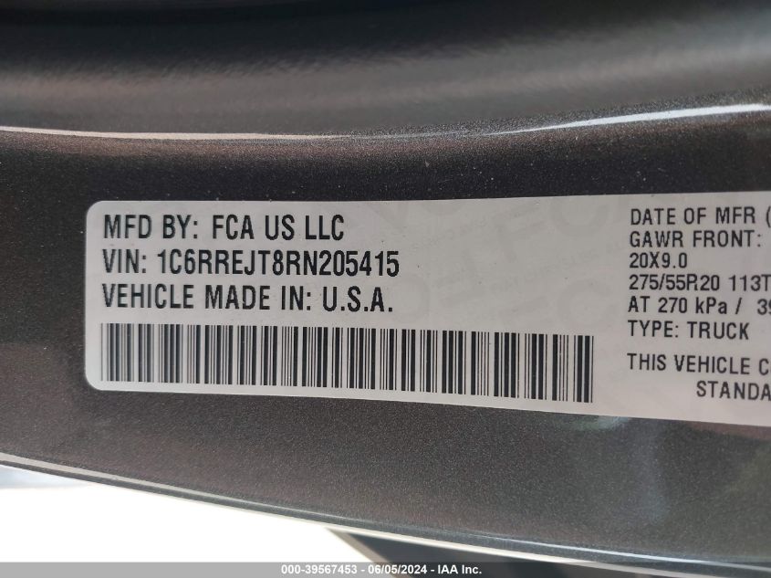 2024 Ram 1500 Laramie 4X2 5'7 Box VIN: 1C6RREJT8RN205415 Lot: 39567453