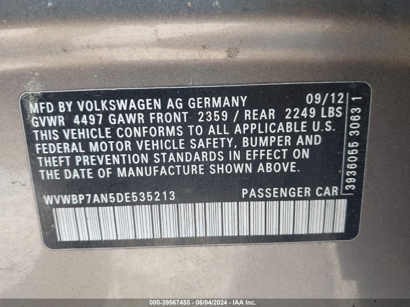 2013 Volkswagen Cc 2.0T Sport Plus VIN: WVWBP7AN5DE535213 Lot: 39567455