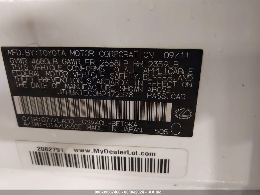 2011 Lexus Es 350 VIN: JTHBK1EG0B2472378 Lot: 39567460