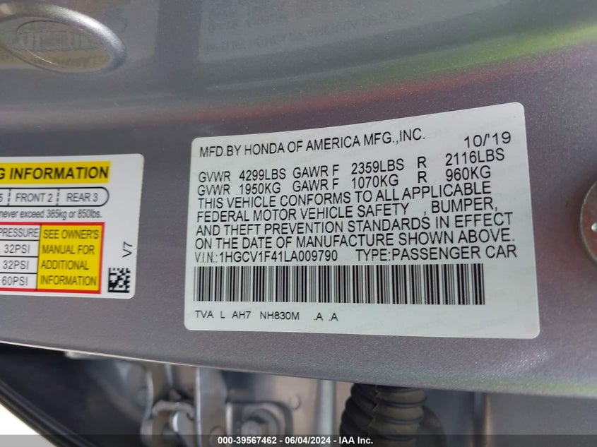 VIN 1HGCV1F41LA009790 2020 HONDA ACCORD EX