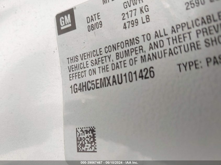 2010 Buick Lucerne Cxl VIN: 1G4HC5EMXAU101426 Lot: 39567467