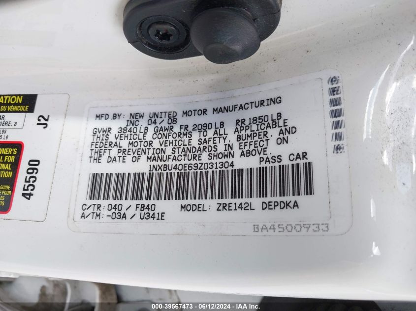 2009 Toyota Corolla Le VIN: 1NXBU40E69Z031304 Lot: 39567473