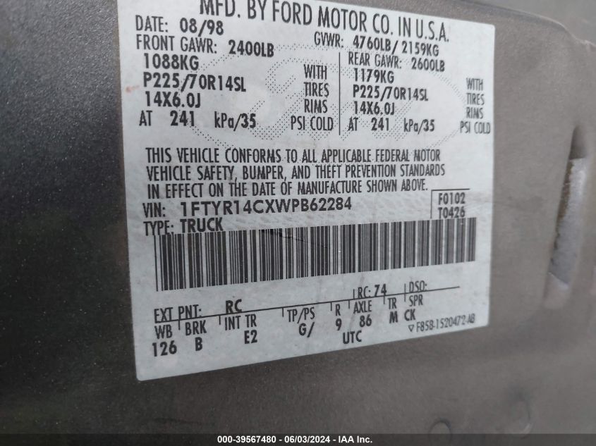 1998 Ford Ranger Xl/Xlt VIN: 1FTYR14CXWPB62284 Lot: 39567480