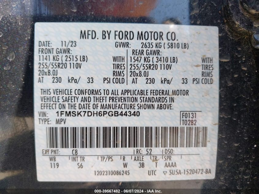 2023 Ford Explorer Xlt VIN: 1FMSK7DH6PGB44340 Lot: 39567482