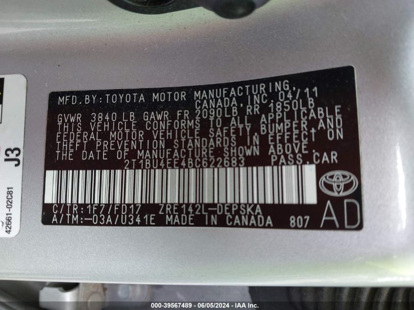 2011 Toyota Corolla S VIN: 2T1BU4EE4BC622683 Lot: 39567489