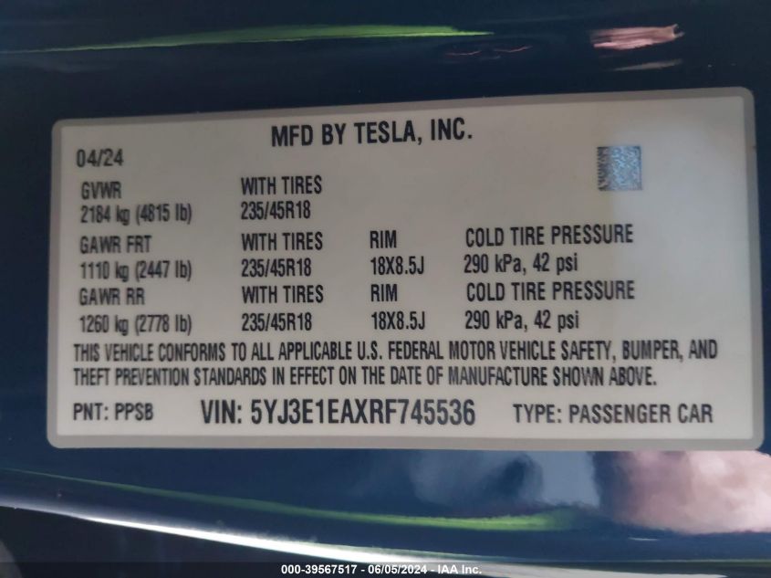 2024 Tesla Model 3 Rear-Wheel Drive VIN: 5YJ3E1EAXRF745536 Lot: 39567517