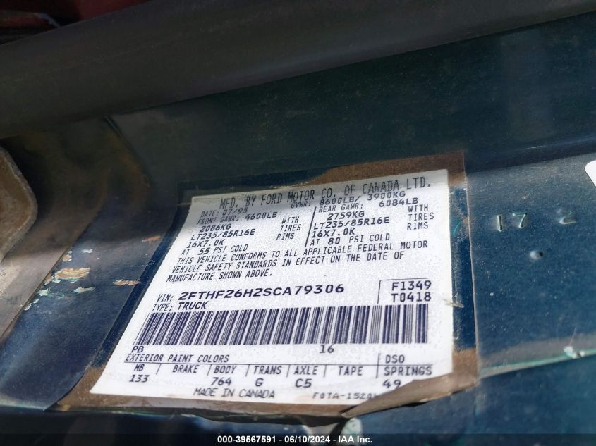 1995 Ford F250 VIN: 2FTHF26H2SCA79306 Lot: 39567591