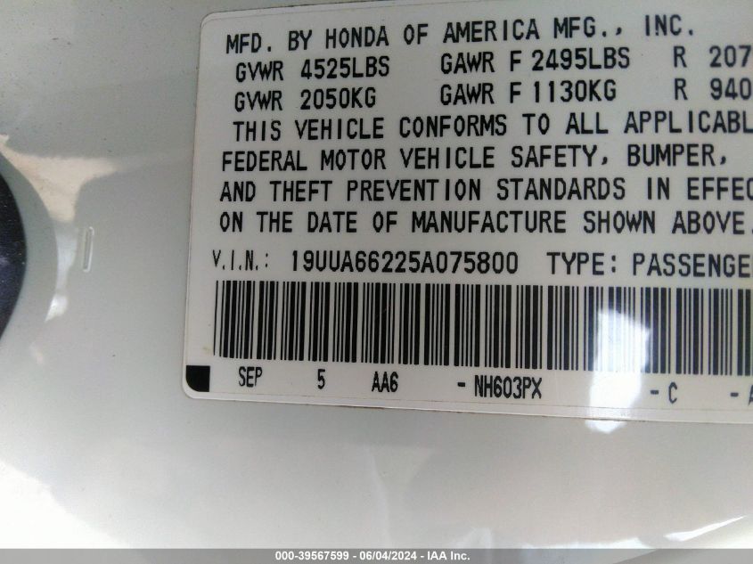 2005 Acura Tl VIN: 19UUA66225A075800 Lot: 39567599