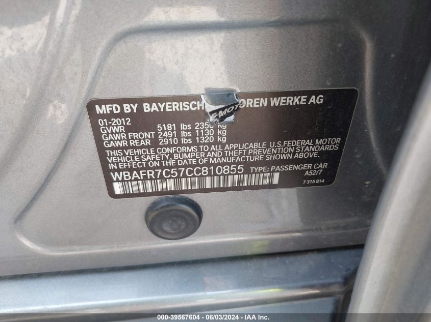 2012 BMW 535I VIN: WBAFR7C57CC810855 Lot: 39567604