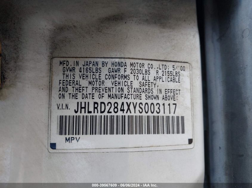 2000 Honda Cr-V Lx VIN: JHLRD284XYS003117 Lot: 39567609
