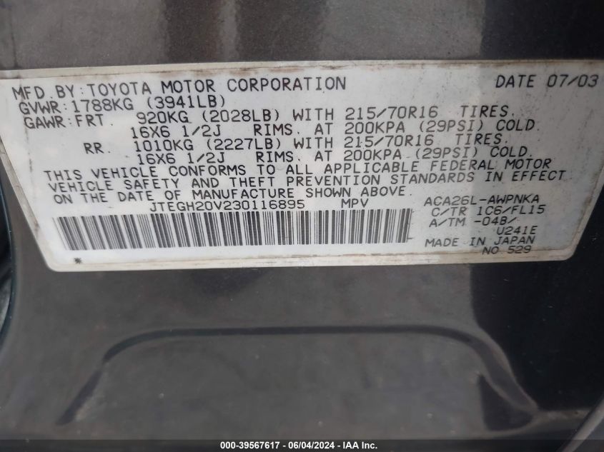 2003 Toyota Rav4 VIN: JTEGH20V230116895 Lot: 39567617