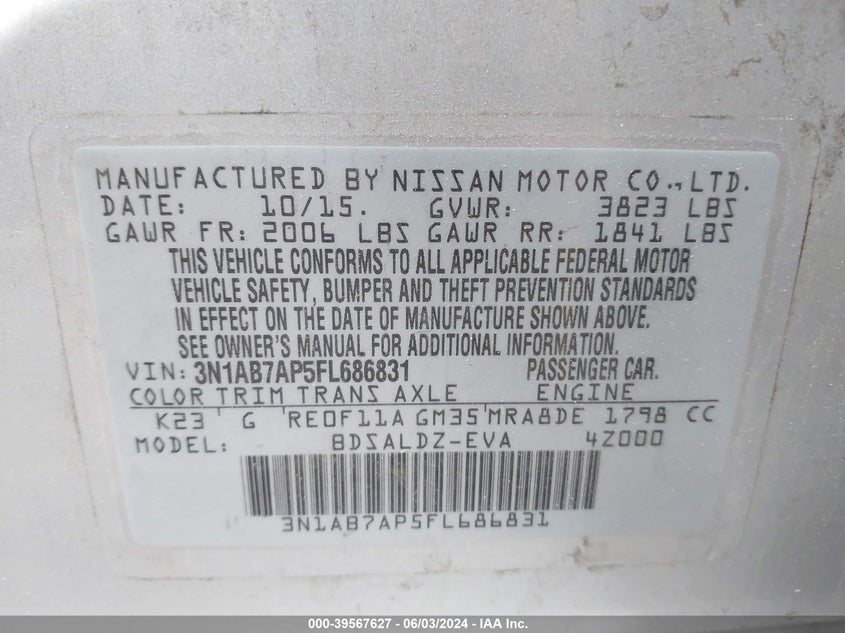 2015 Nissan Sentra Sv VIN: 3N1AB7AP5FL686831 Lot: 39567627