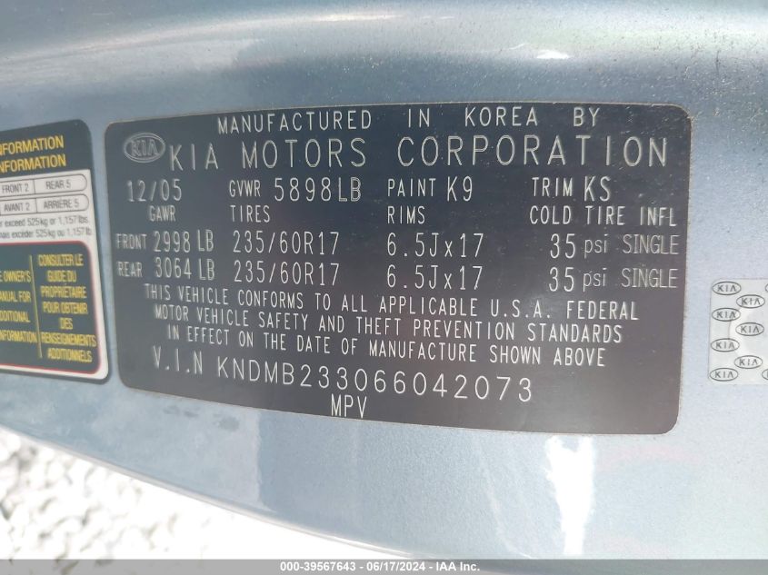 KNDMB233066042073 2006 Kia Sedona Ex/Lx