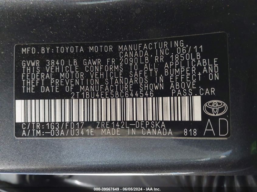 2011 Toyota Corolla S VIN: 2T1BU4EE5BC644546 Lot: 39567649