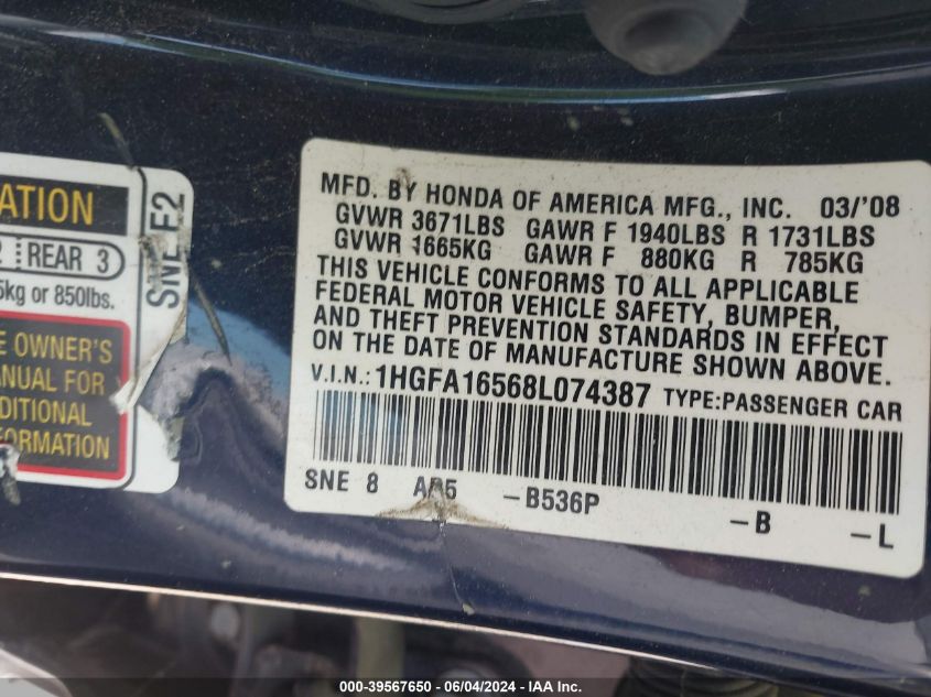 2008 Honda Civic Lx VIN: 1HGFA16568L074387 Lot: 39567650