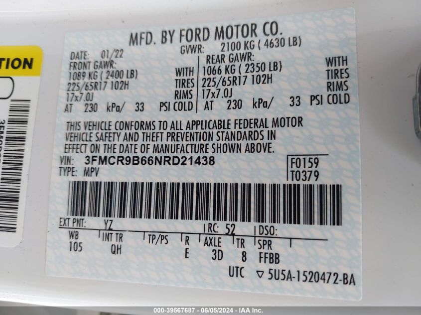 2022 Ford Bronco Sport Big Bend VIN: 3FMCR9B66NRD21438 Lot: 39567687