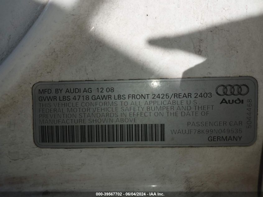 2009 Audi A4 2.0T Premium VIN: WAUJF78K99N049535 Lot: 39567702