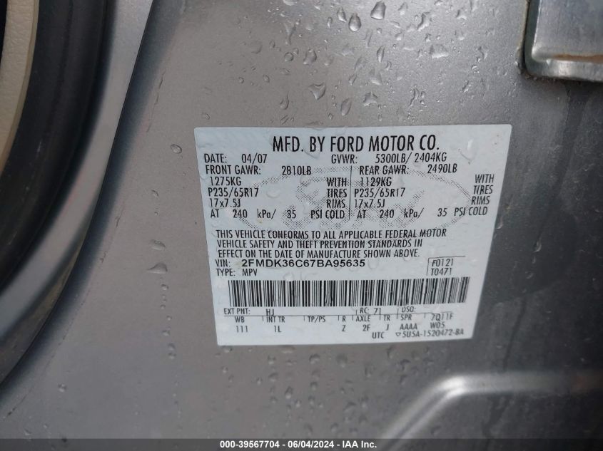 2007 Ford Edge Se VIN: 2FMDK36C67BA95635 Lot: 39567704