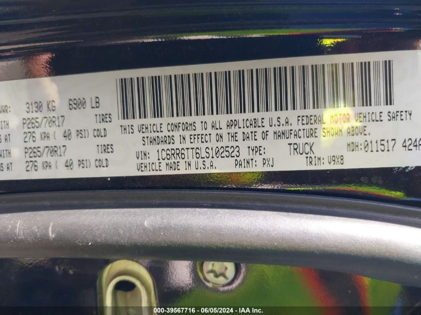 2020 Ram 1500 Classic Slt 4X2 6'4 Box VIN: 1C6RR6TT6LS102523 Lot: 39567716