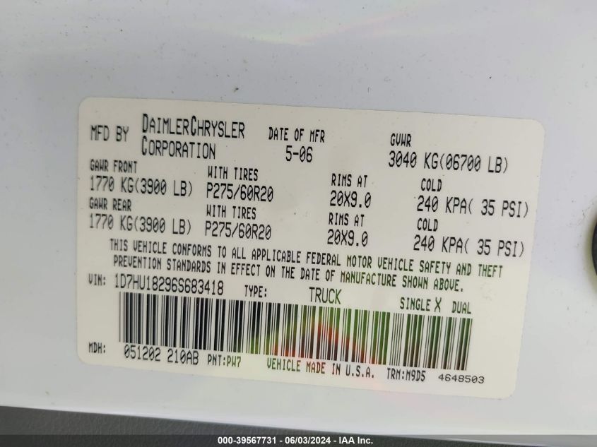 2006 Dodge Ram 1500 Slt/Trx4 Off Road/Sport VIN: 1D7HU18296S683418 Lot: 39567731