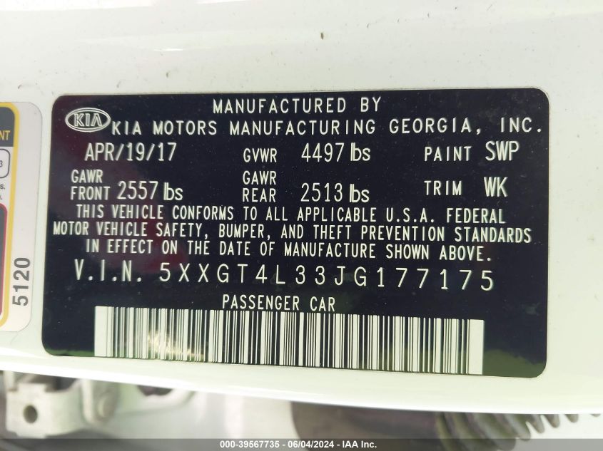 2018 Kia Optima Lx VIN: 5XXGT4L33JG177175 Lot: 39567735