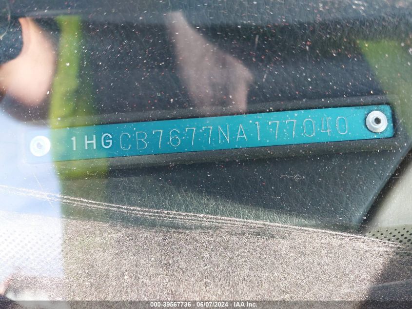 1992 Honda Accord Ex VIN: 1HGCB7677NA177040 Lot: 39567736