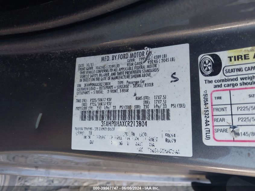 2012 Ford Fusion Se VIN: 3FAHP0HAXCR213804 Lot: 39567747